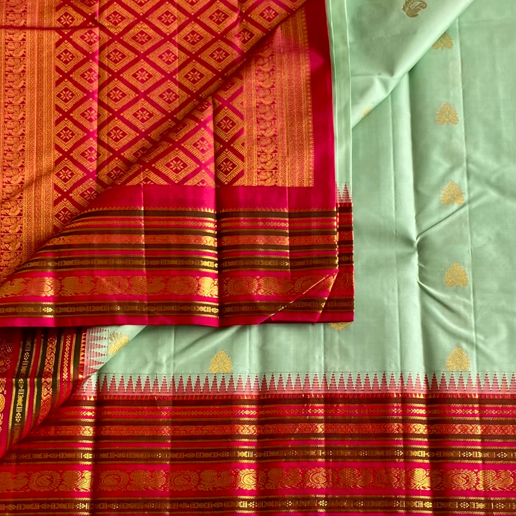 Classic Mint Green With Reddish Pink Designer Pure Kanjeevaram Silk