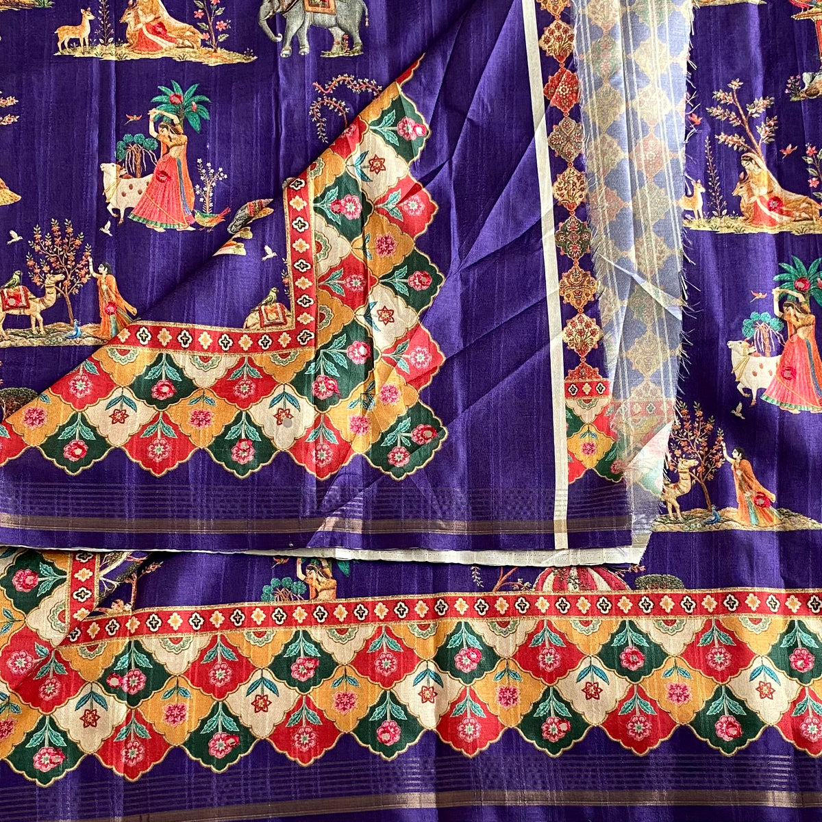Indigo Purple  Designer Soft Printed Tussar Saree Mustard Yellow & Mirror Work
