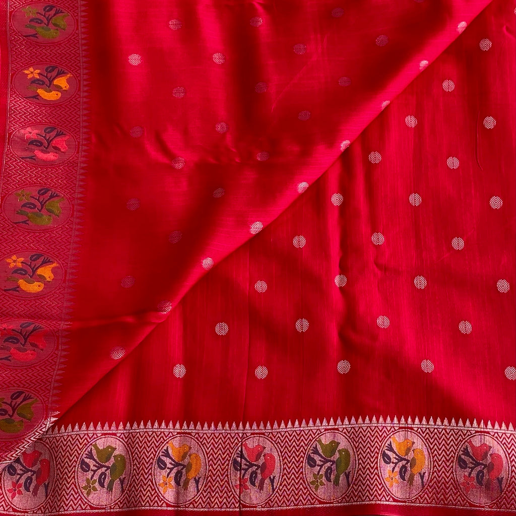 Tomato Red Soft Tussar Silk Saree With Mustard Yellow Border
