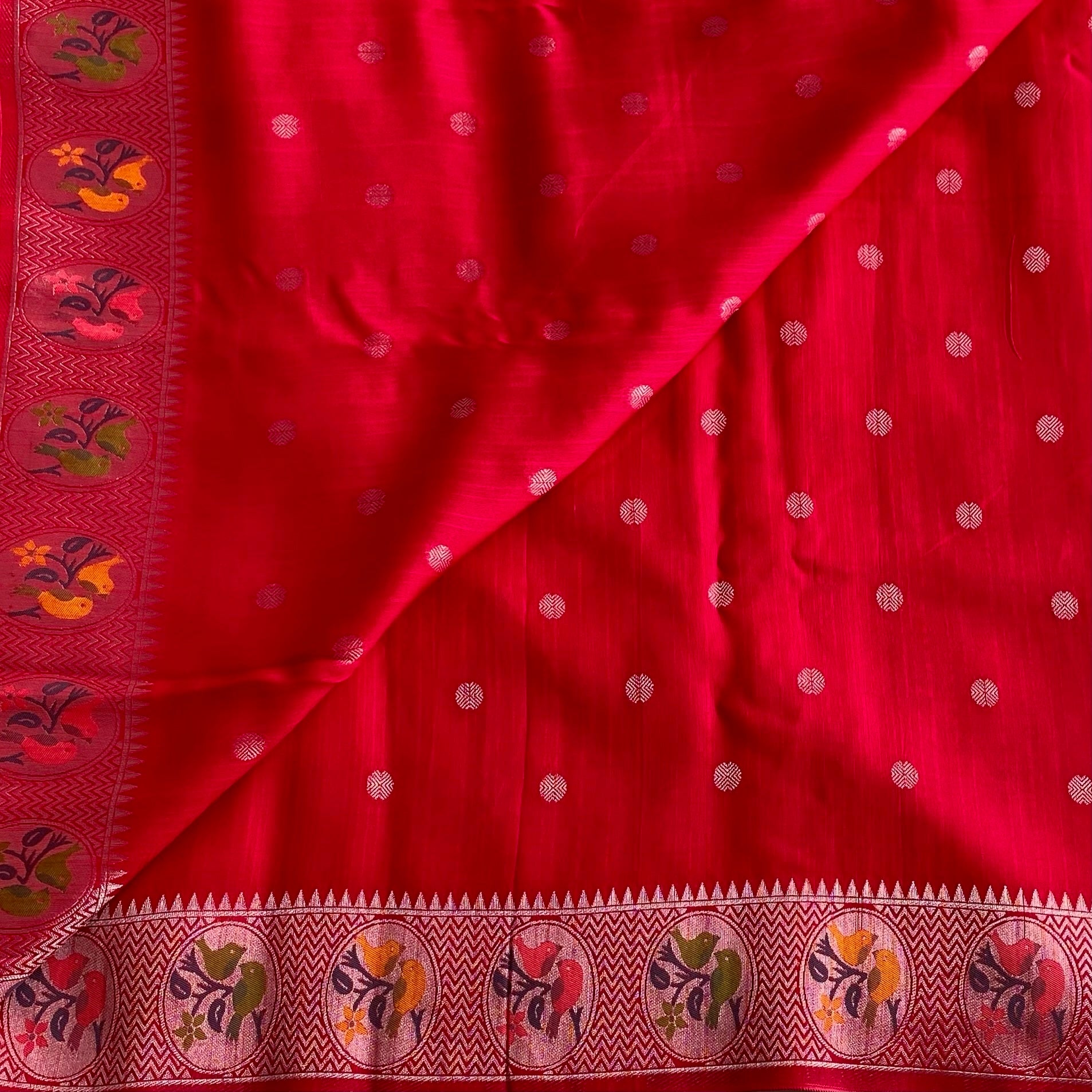 Tomato Red Soft Tussar Silk Saree With Mustard Yellow Border