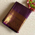 Micro Checkered Purple Designer Pure Silk Saree With Golden Floral Pallu