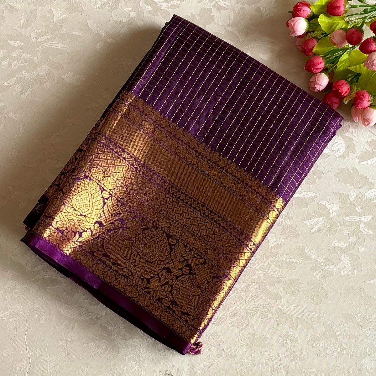 Micro Checkered Purple Designer Pure Silk Saree With Golden Floral Pallu