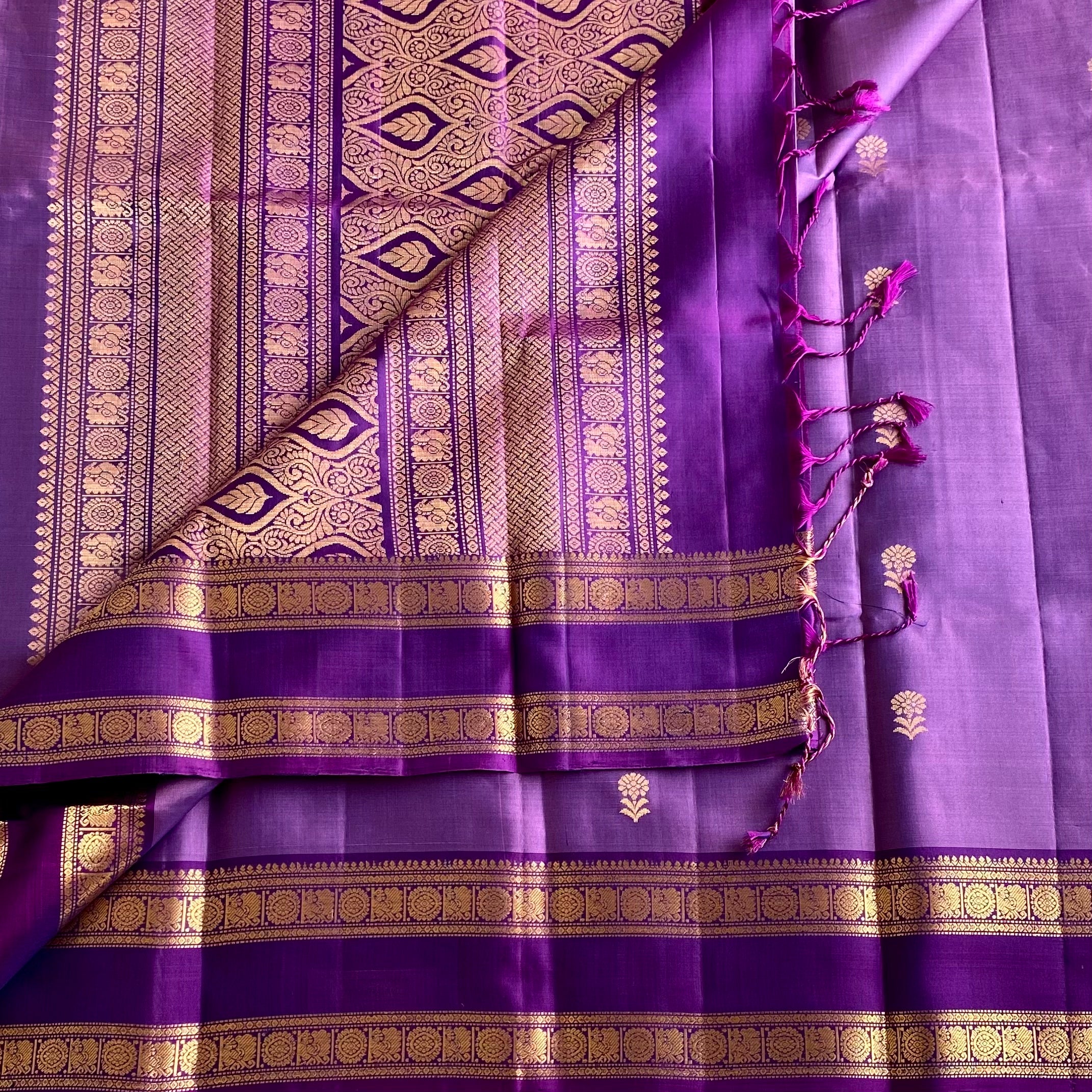 Metallic Lavender Designer Pure Silk With Cadbury Purple Pallu