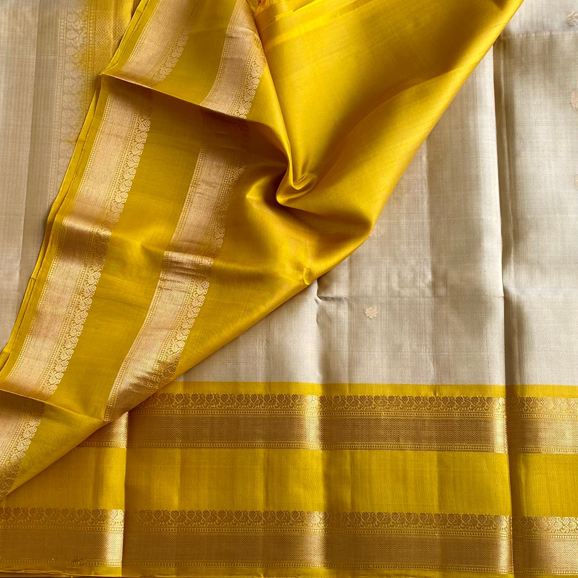 Champagne Beige Designer Pure Silk Saree With Mustard Yellow  Border