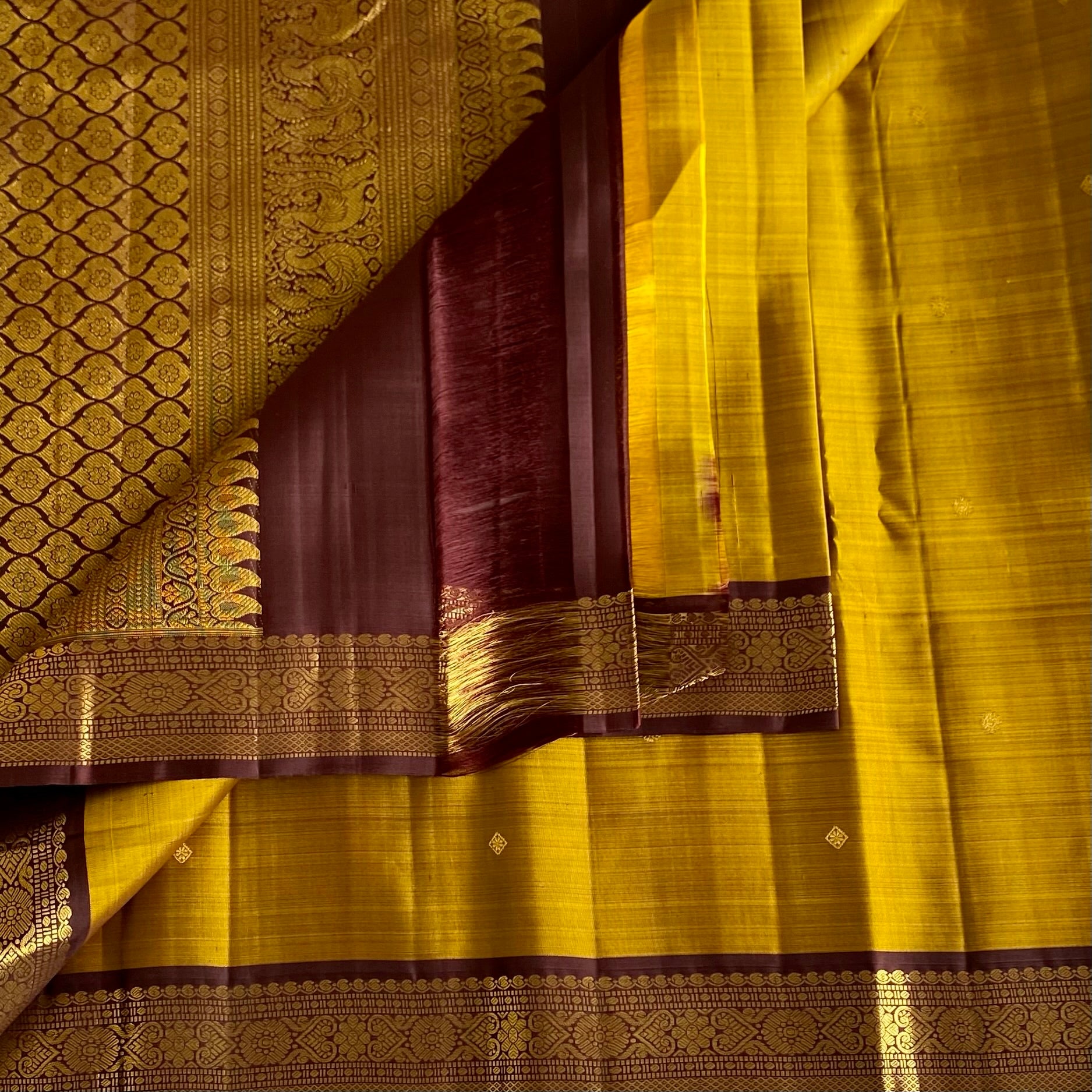 Mustard Yellow Kanjeevaram Pure Zari Silk Saree With Deep Wine Pallu