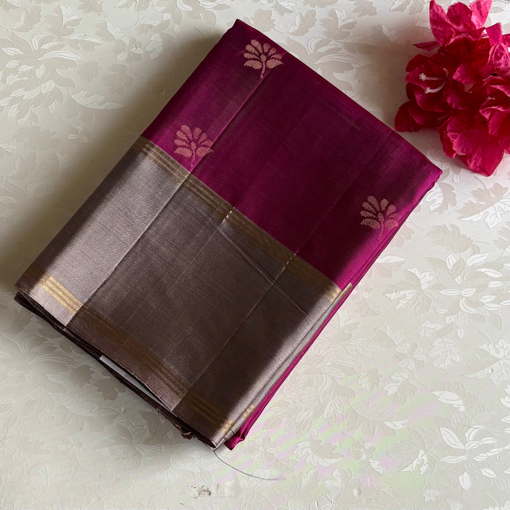Rich Magenta & Taupe Grey Designer Pure Silk Elegance