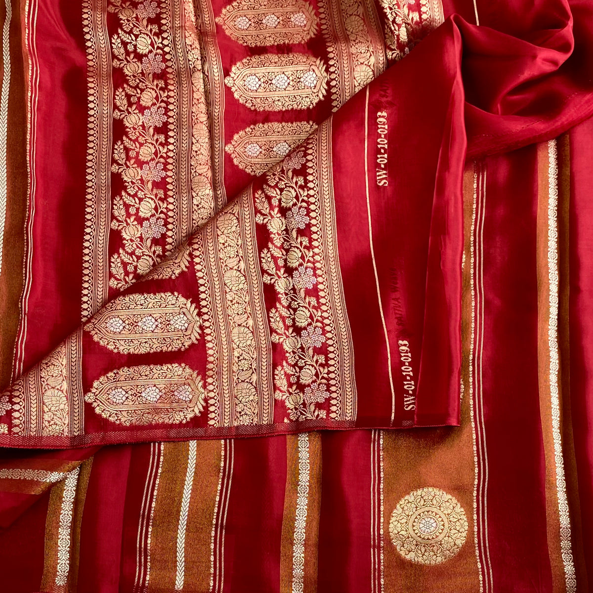 Deep Red Wine Soft Crepe Silk Saree With Antique Gold Medallion Pallu