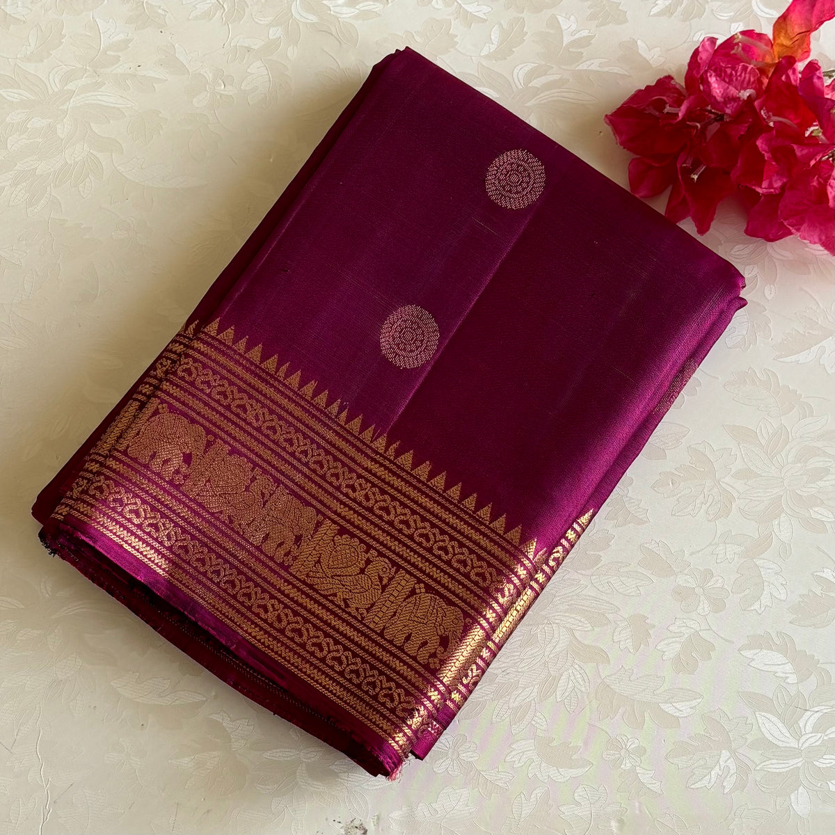 Deep Magenta Designer Pure Silk Saree With Antique Gold Pallu