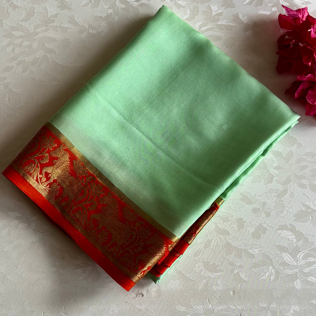 Mint Green & Vermilion Red Mysore Crepe Silk With Designer Borders
