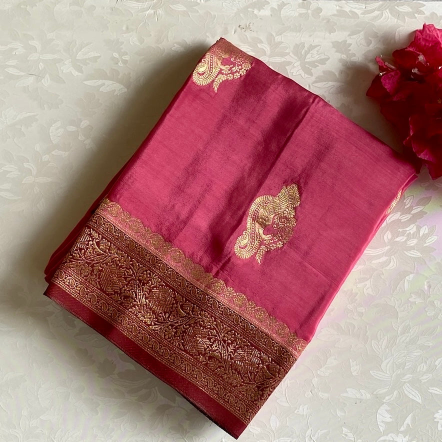 Rose Pink Soft Tussar Silk Saree With Maroon Pallu