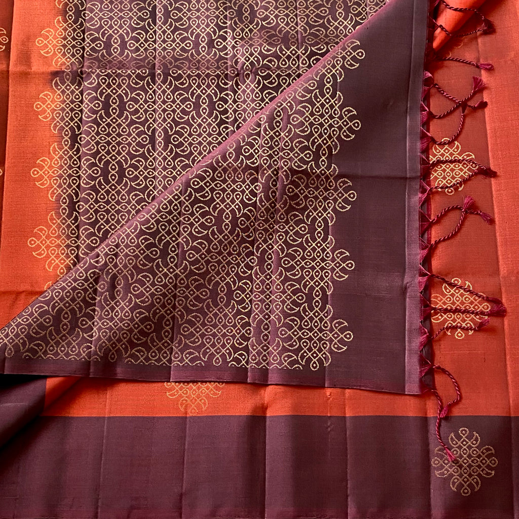 Rust with wine brown Kollam zari woven Designer pure Silk