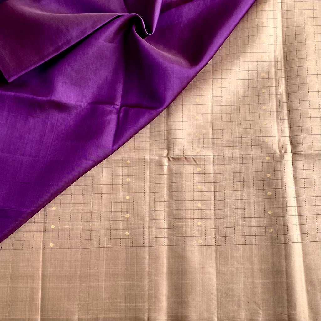 Champagne Beige Designer Pure Silk Saree With Violet Purple Pallu