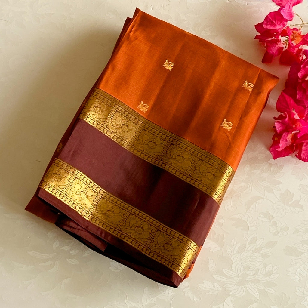 Maroon Rust Orange Silk Saree With Gold Woven Floral Border