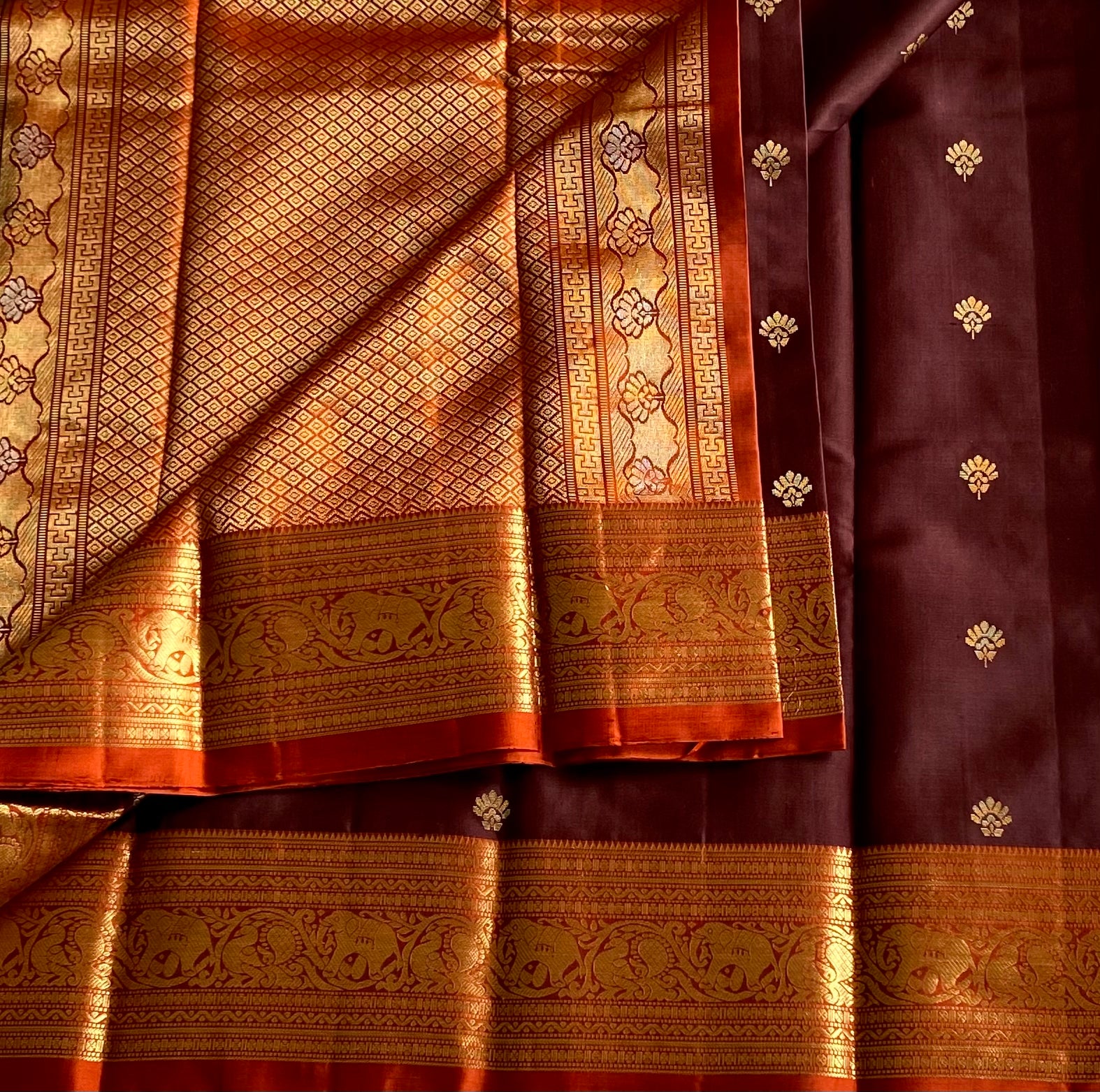 Deep Plum Silk Saree With Burnt Orange Zari Contrast Pallu