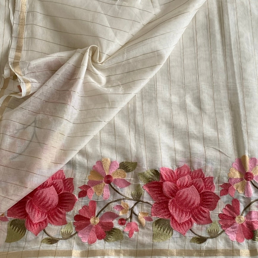 Soft Tussar Silk Pearl White Saree With Rose Pink Floral Border