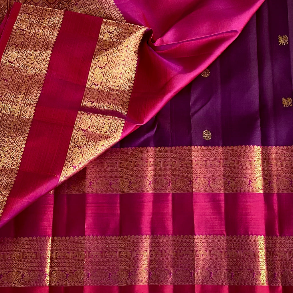 Royal Purple Kanjeevaram Pure Zari Silk With Magenta Retta Petta Borders