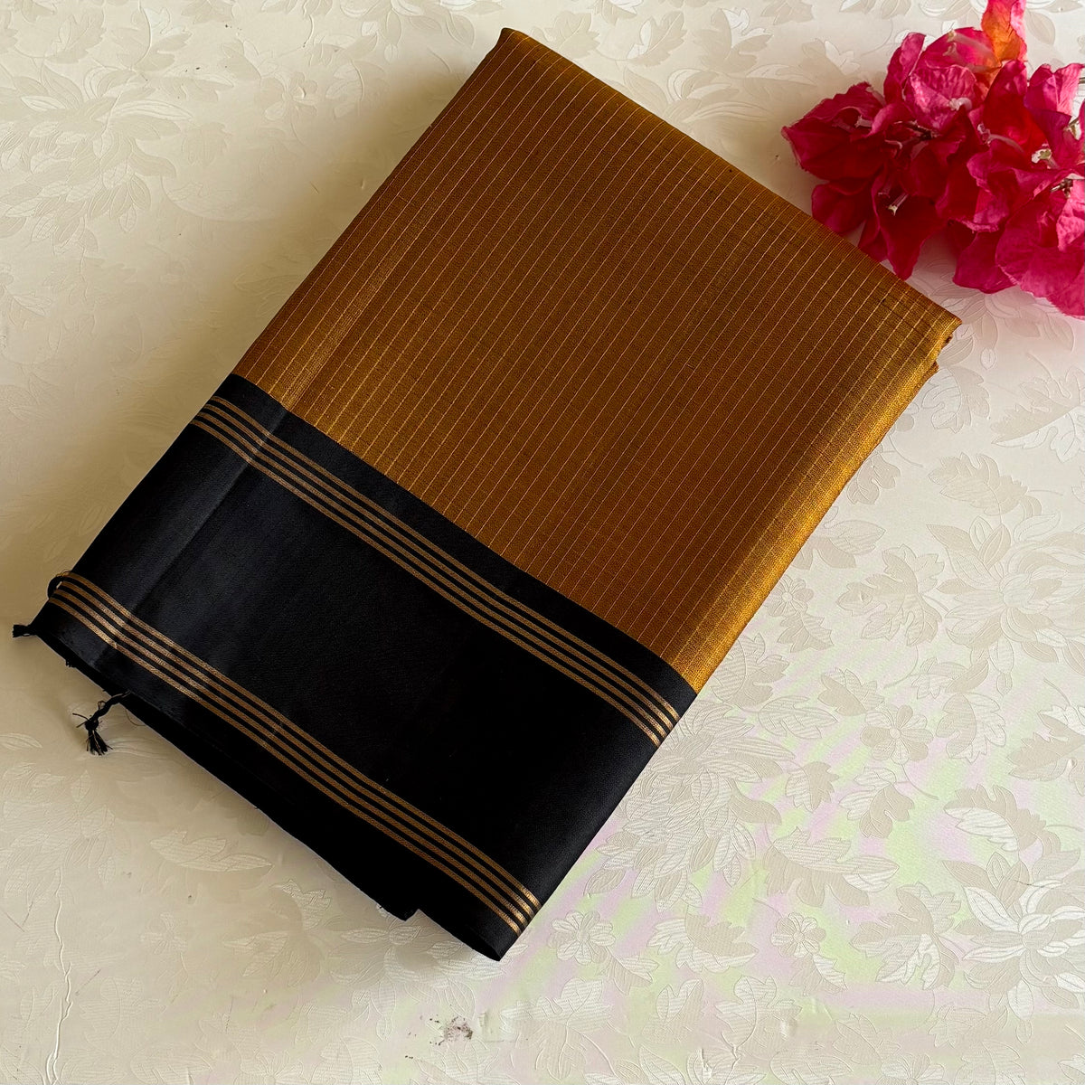 Mustard Gold Designer Pure Silk Saree With Jet Black Pallu