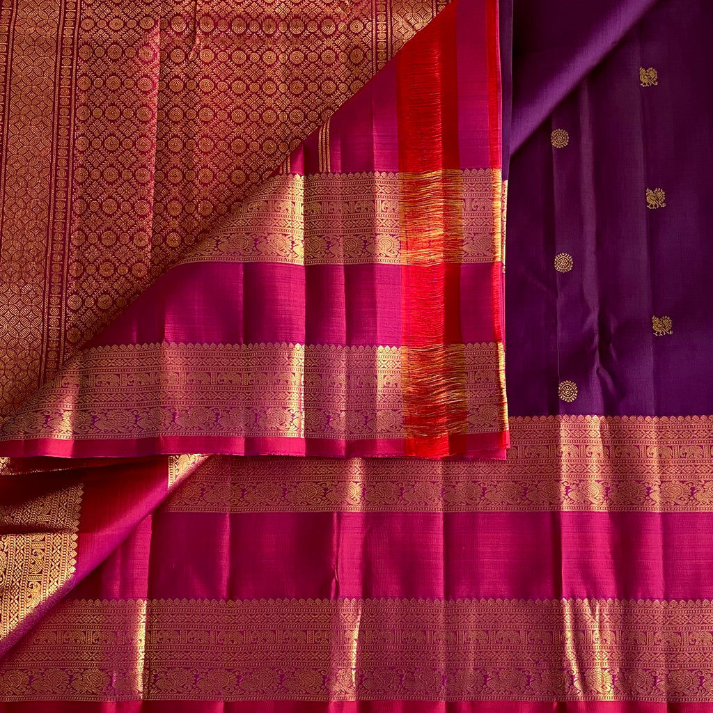 Royal Purple Kanjeevaram Pure Zari Silk With Magenta Retta Petta Borders