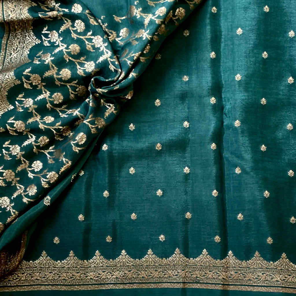 Deep Teal Silk Saree with Gold Brocade Pallu and Scalloped Border