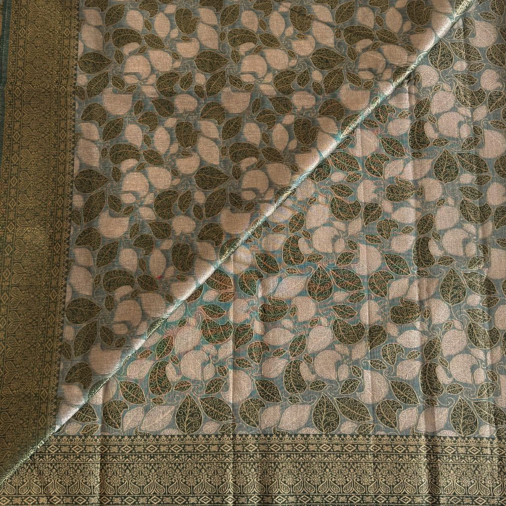Emerald Green Gold Brocade Saree With Leaf Jacquard Pallu Tassels