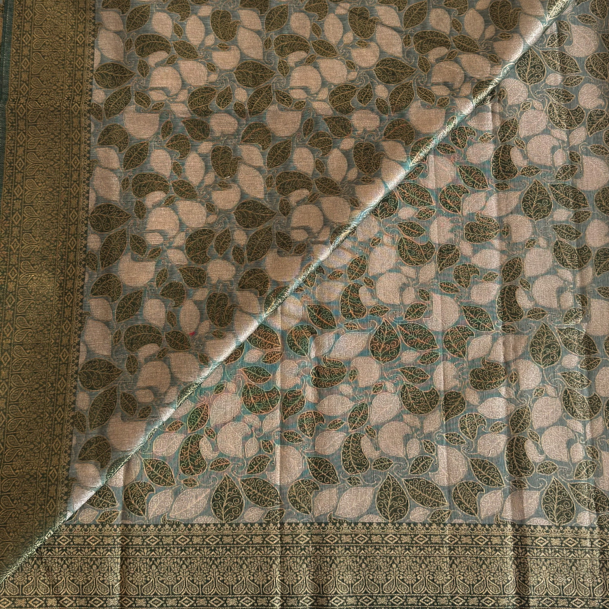 Emerald Green Gold Brocade Saree With Leaf Jacquard Pallu Tassels
