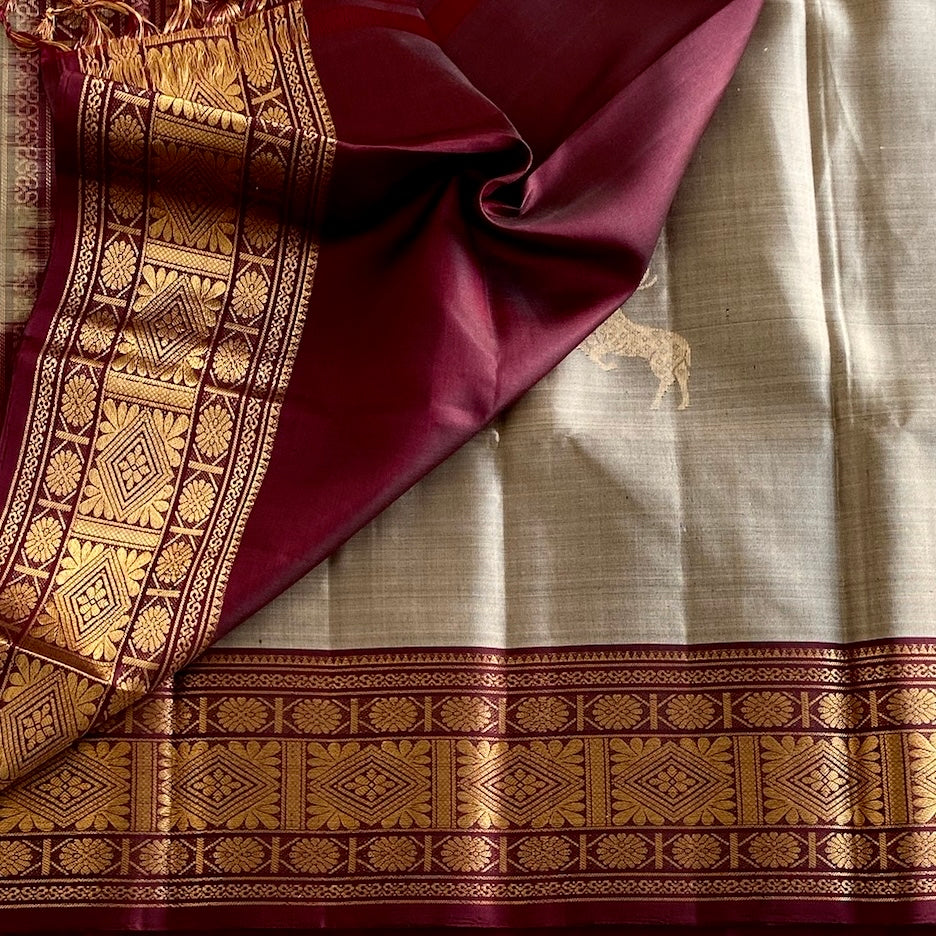 Silvery Beige Designer Pure Silk Saree With Deep Maroon Pallu Gold Border