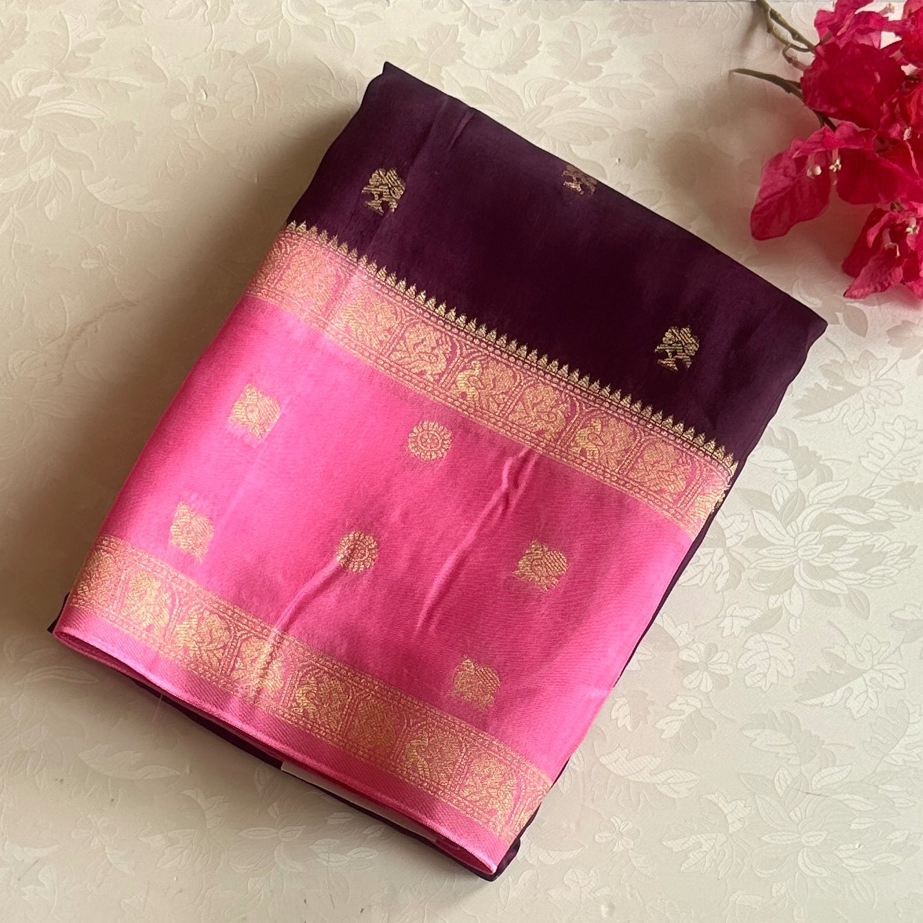 Fuchsia Plum Silk Saree Gold Woven Buti Contrast Border