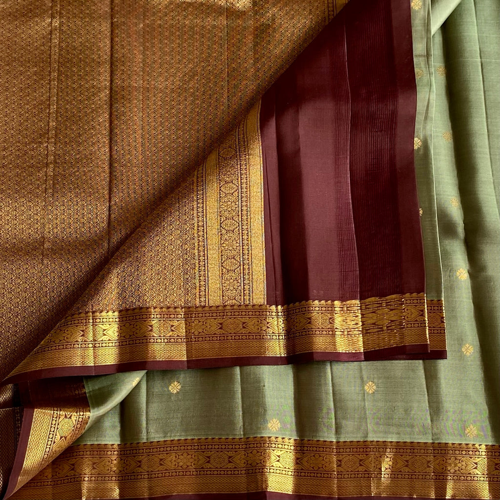 Sage Green Designer Pure Silk Saree With Deep Maroon Pallu