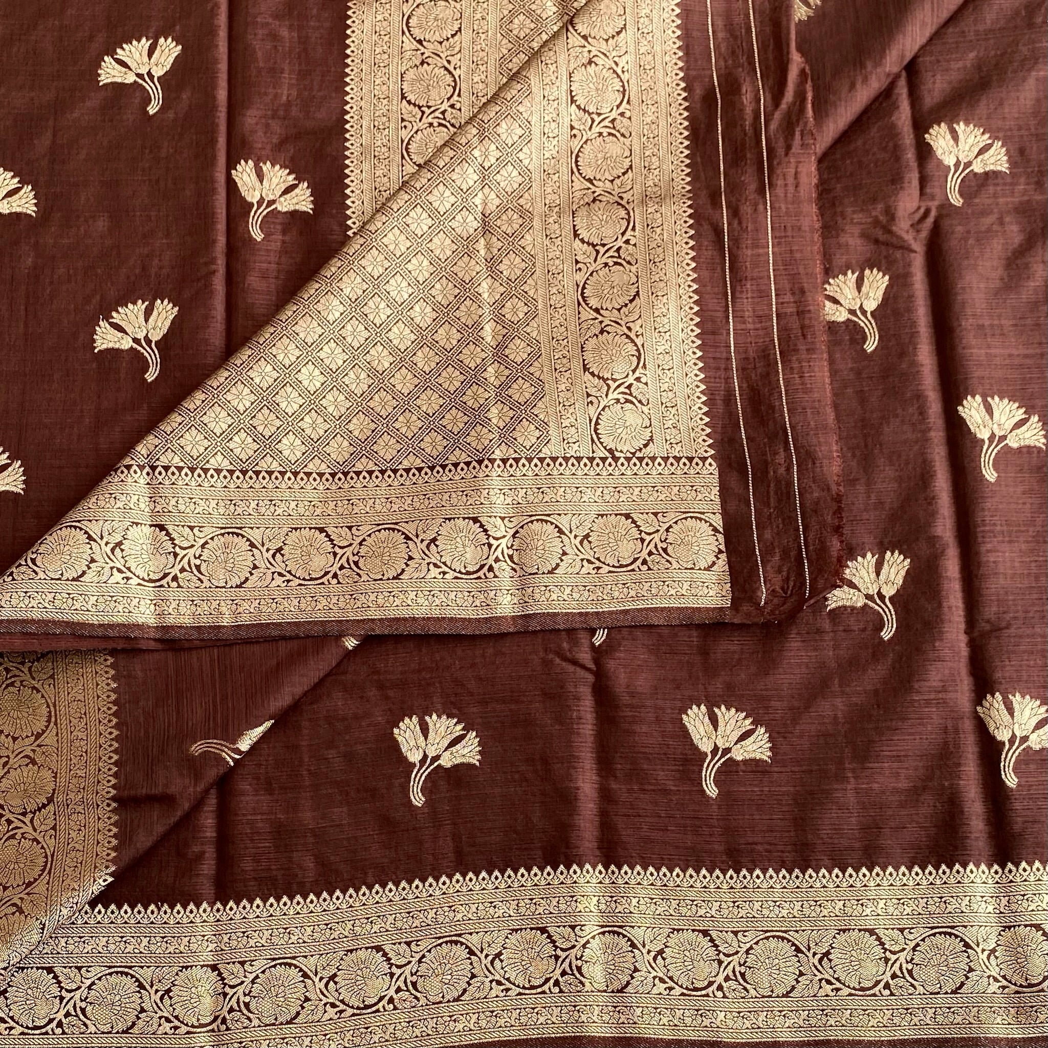 Deep Coffee Soft Tussar Silk Saree With Antique Gold Jaal Border