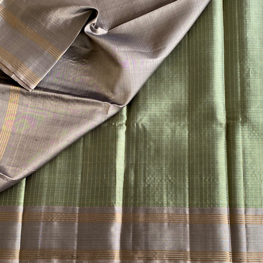 Olive Green Checkered Designer Pure Silk Saree With Taupe Grey Brocade Pallu