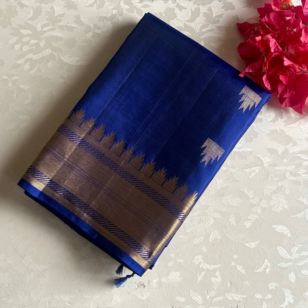 Royal Blue Designer Pure Silk Saree With Antique Gold Pallu And Border