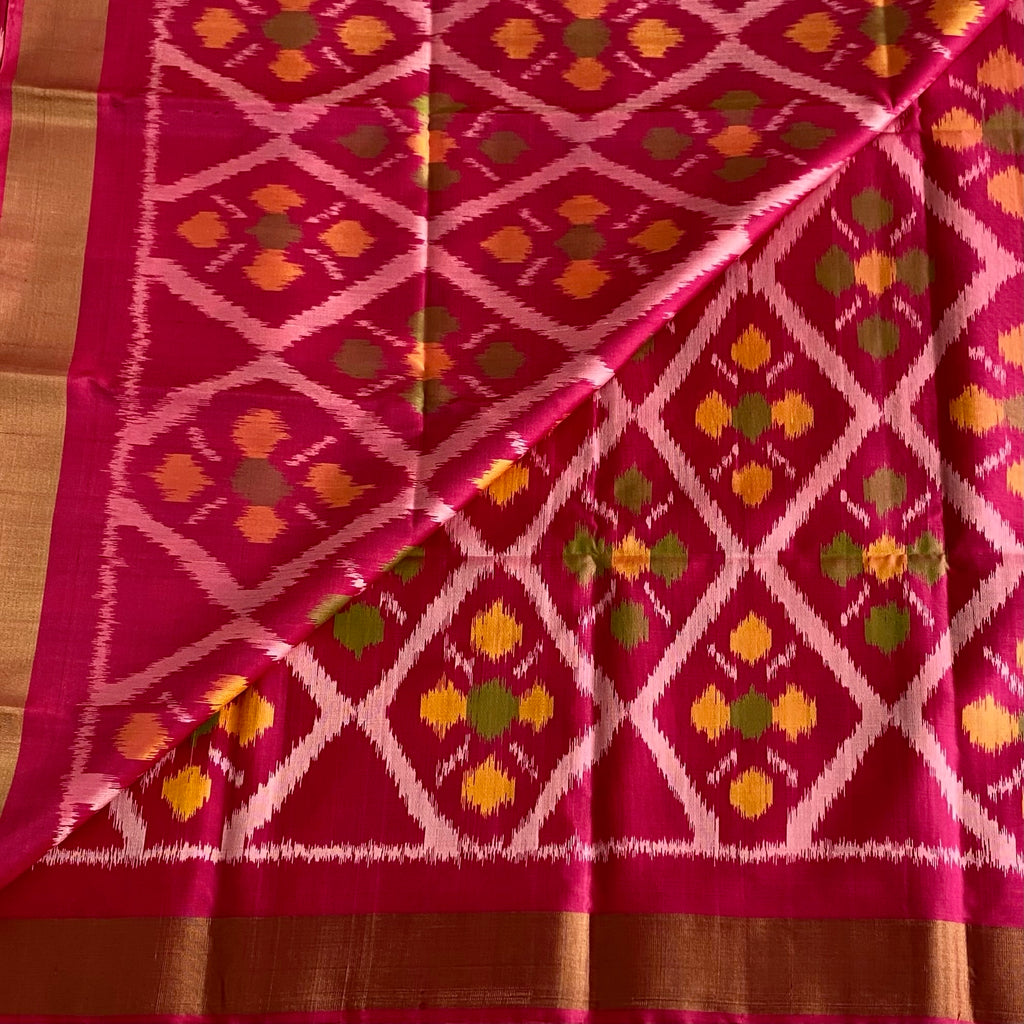 Rani Pink Designer Ikkat Pure Silk Saree With Mustard Yellow And Gold Border