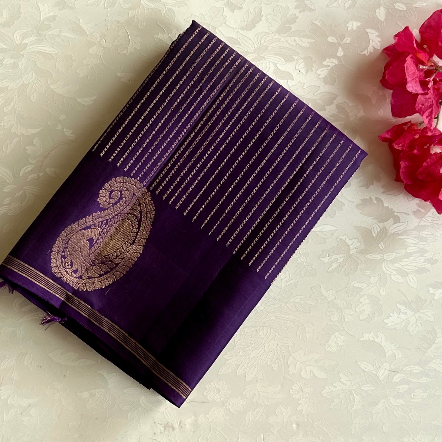 Royal Purple Silk Saree Antique Gold Brocade Paisley Lattice
