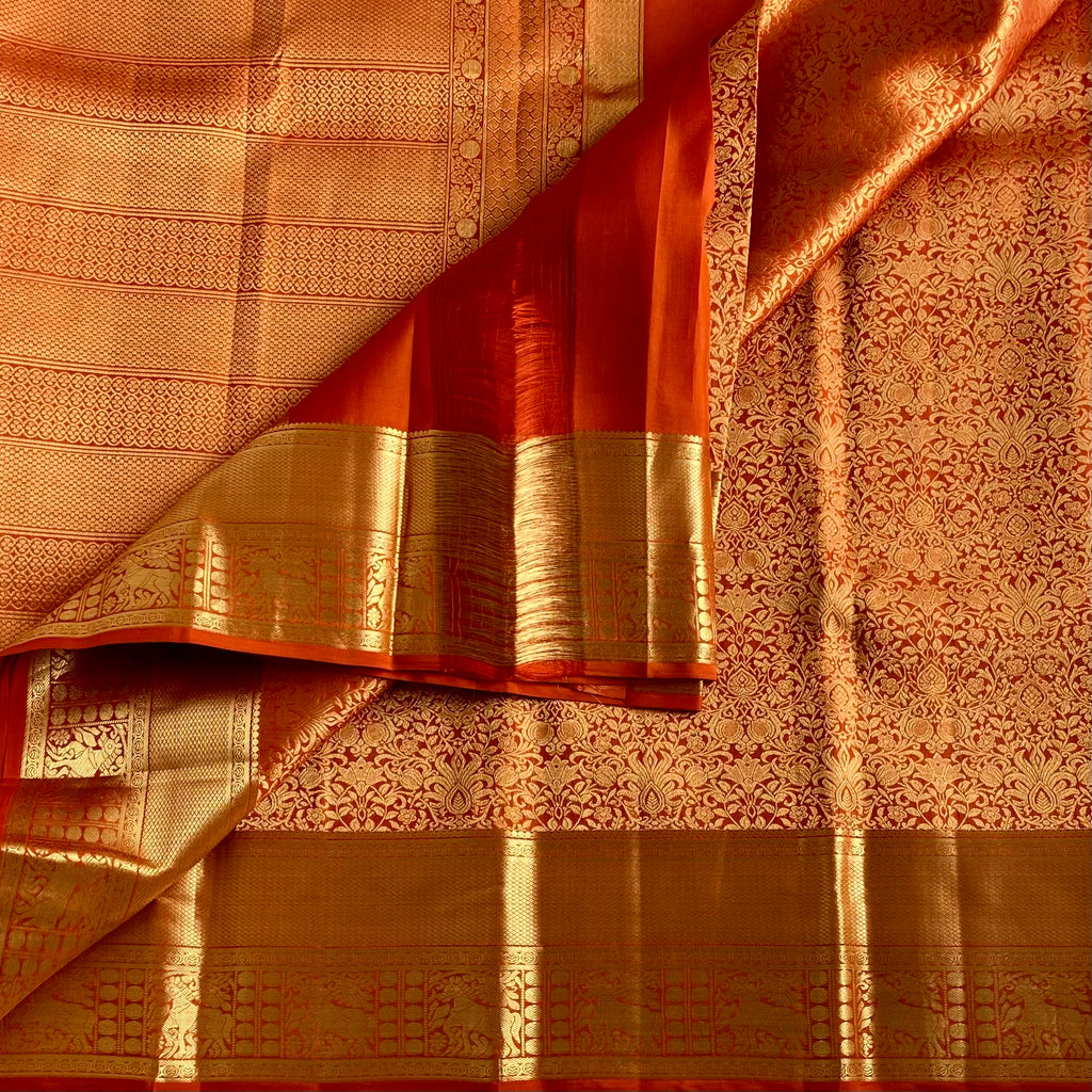 Burnt Orange Designer Brocade Pure Silk Saree With Metallic Gold Pallu