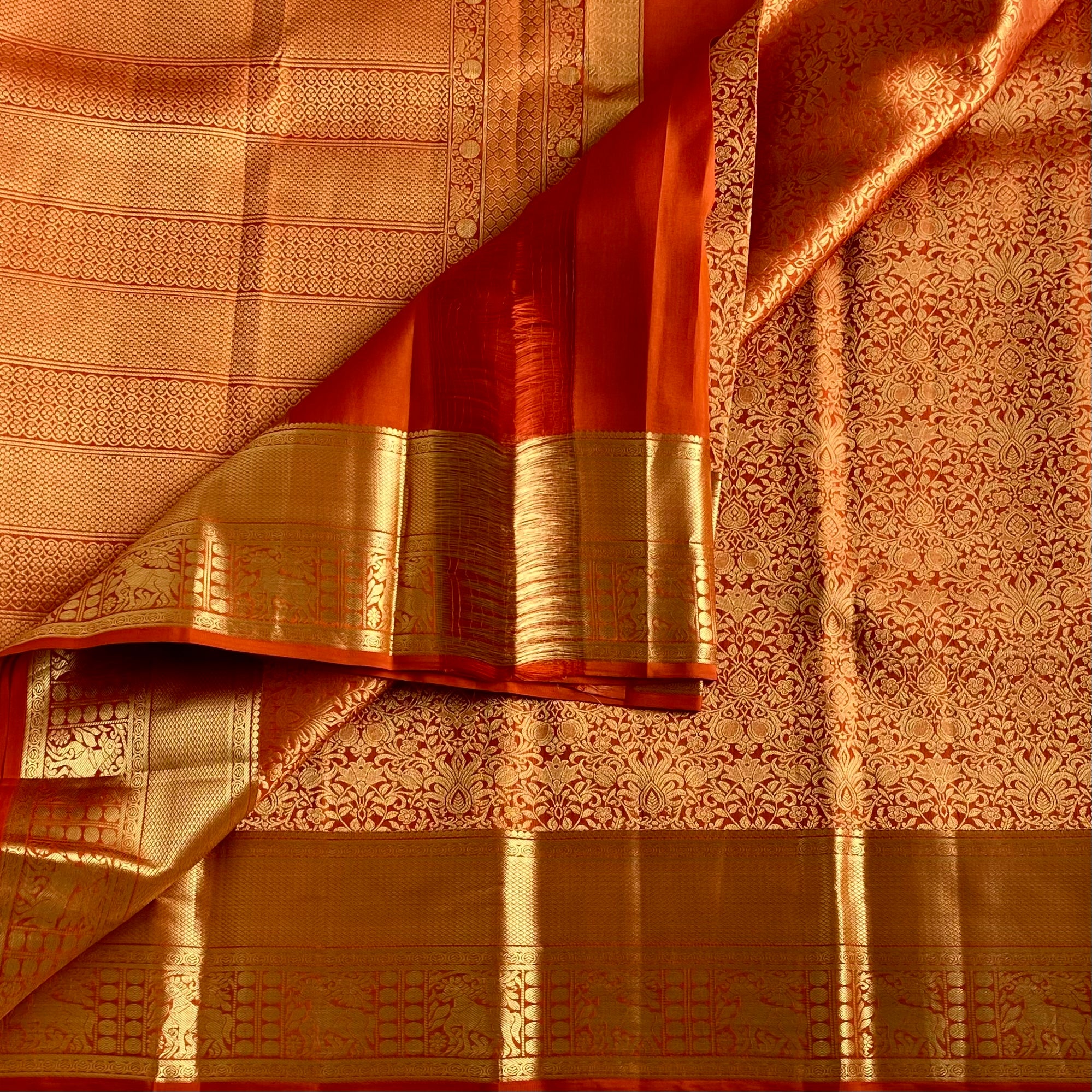 Burnt Orange Designer Brocade Pure Silk Saree With Metallic Gold Pallu