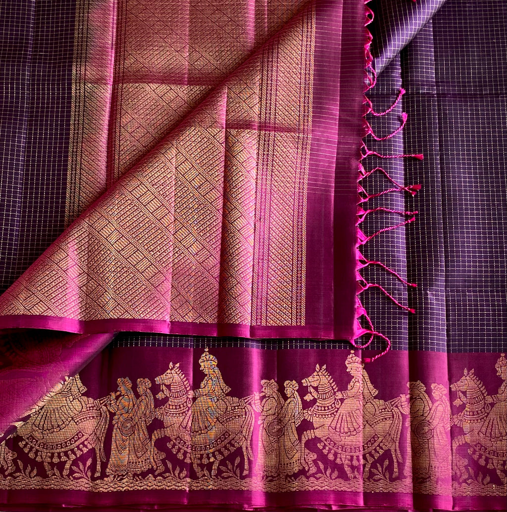 Magenta Silk Saree with Gold Jacquard Narrative Border and Checks
