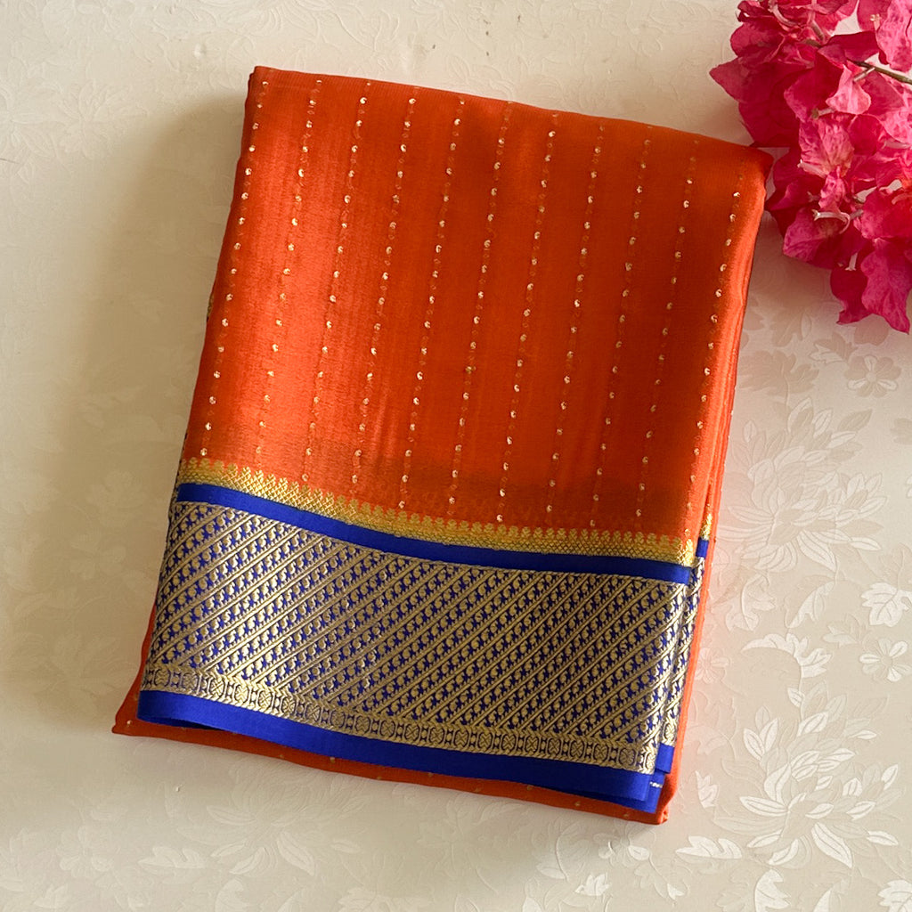 Burnt Orange Zari Buttas With Royal Blue Pure Mysore Silk