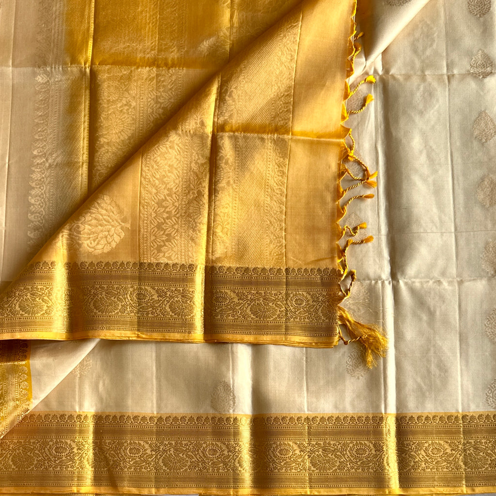 Ivory Marigold Silk Saree Gold Zari Floral Woven Border Traditional