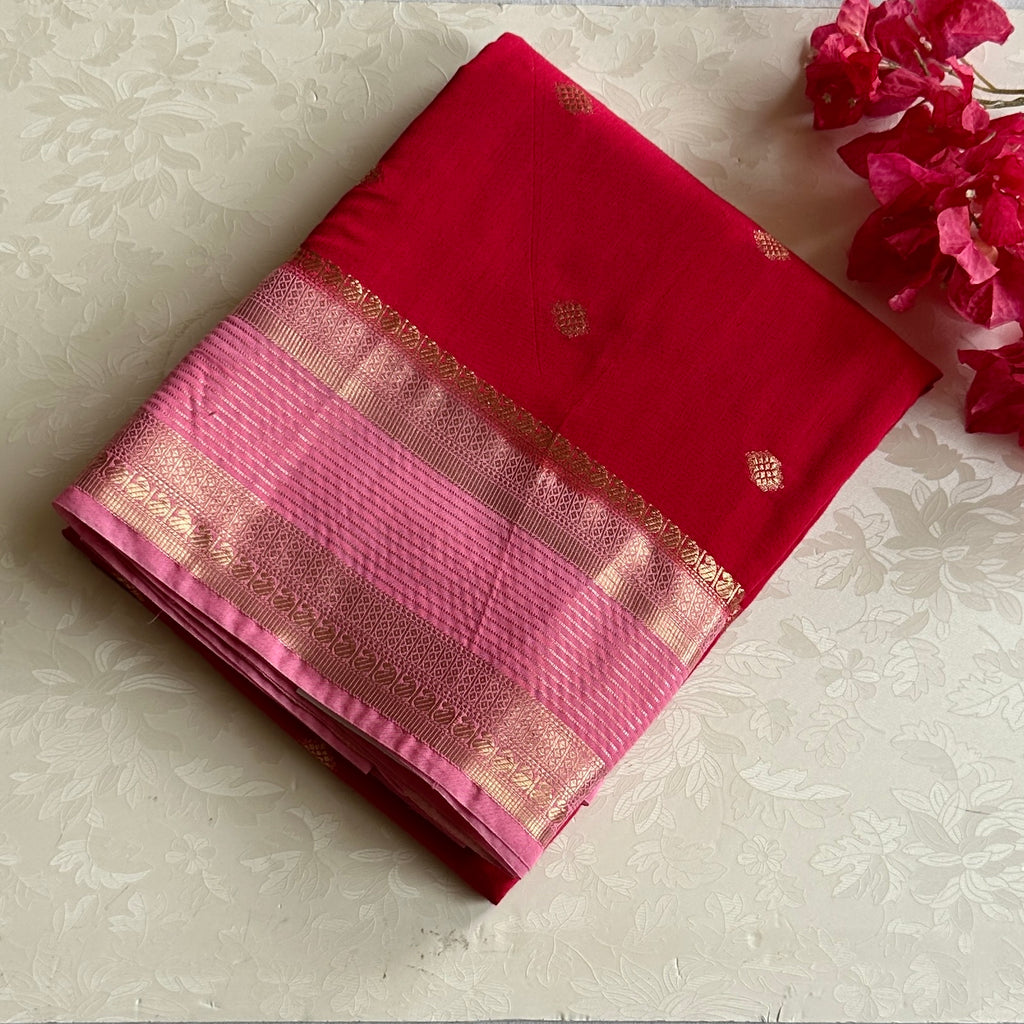 Deep cherry red with Rose Pink Pallu Antique Gold soft tussar