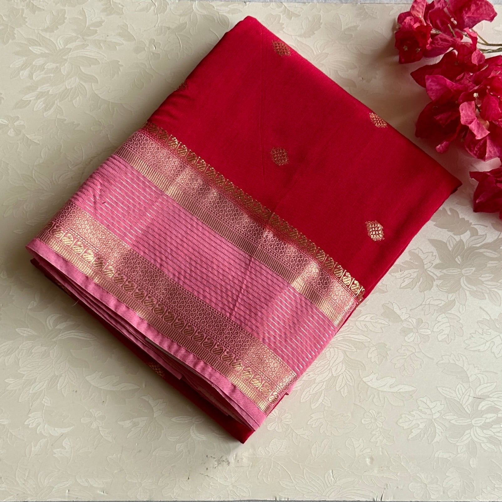 Deep cherry red with Rose Pink Pallu Antique Gold soft tussar
