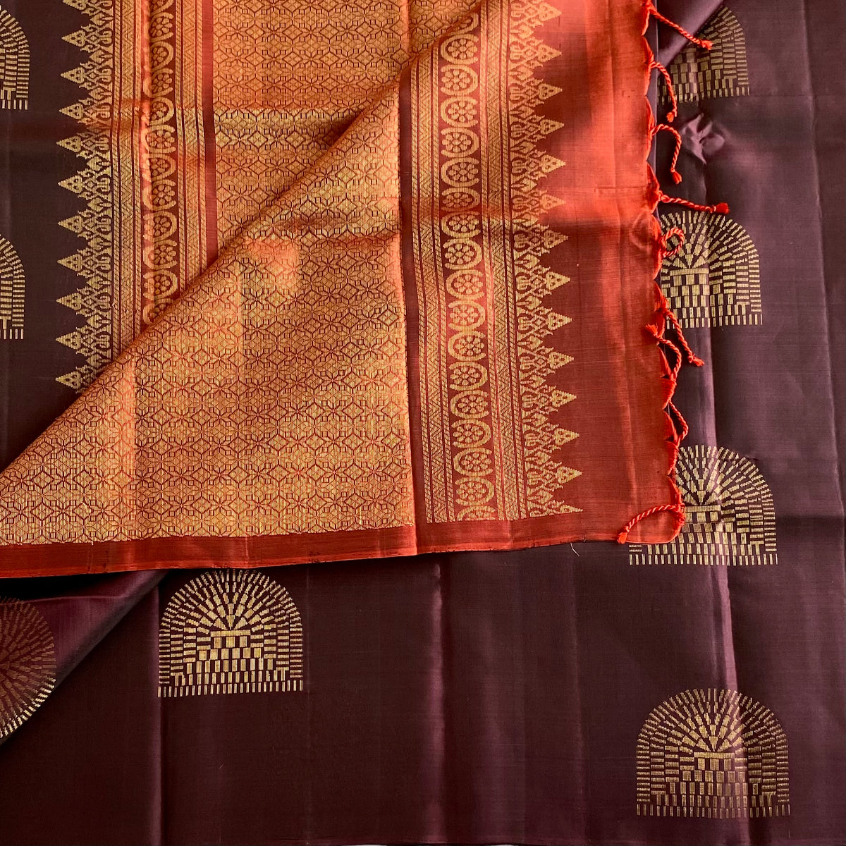 Burgundy Brown Designer Pure Silk Saree With Burnt Orange Pallu