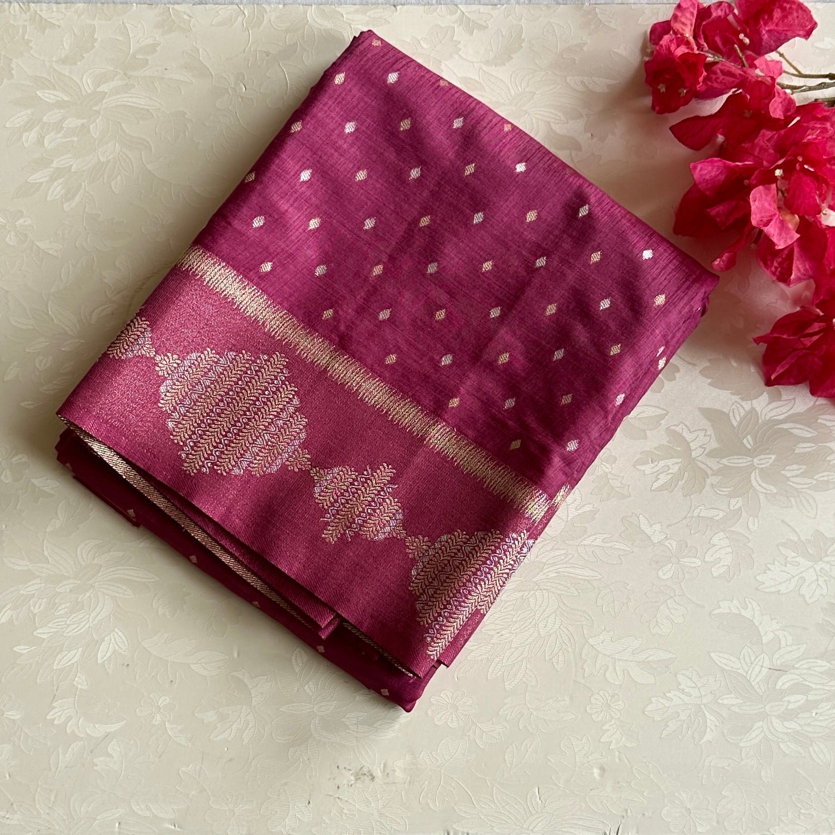 Deep Magenta Silk Saree Rose Gold Zari Floral Pallu Elegant