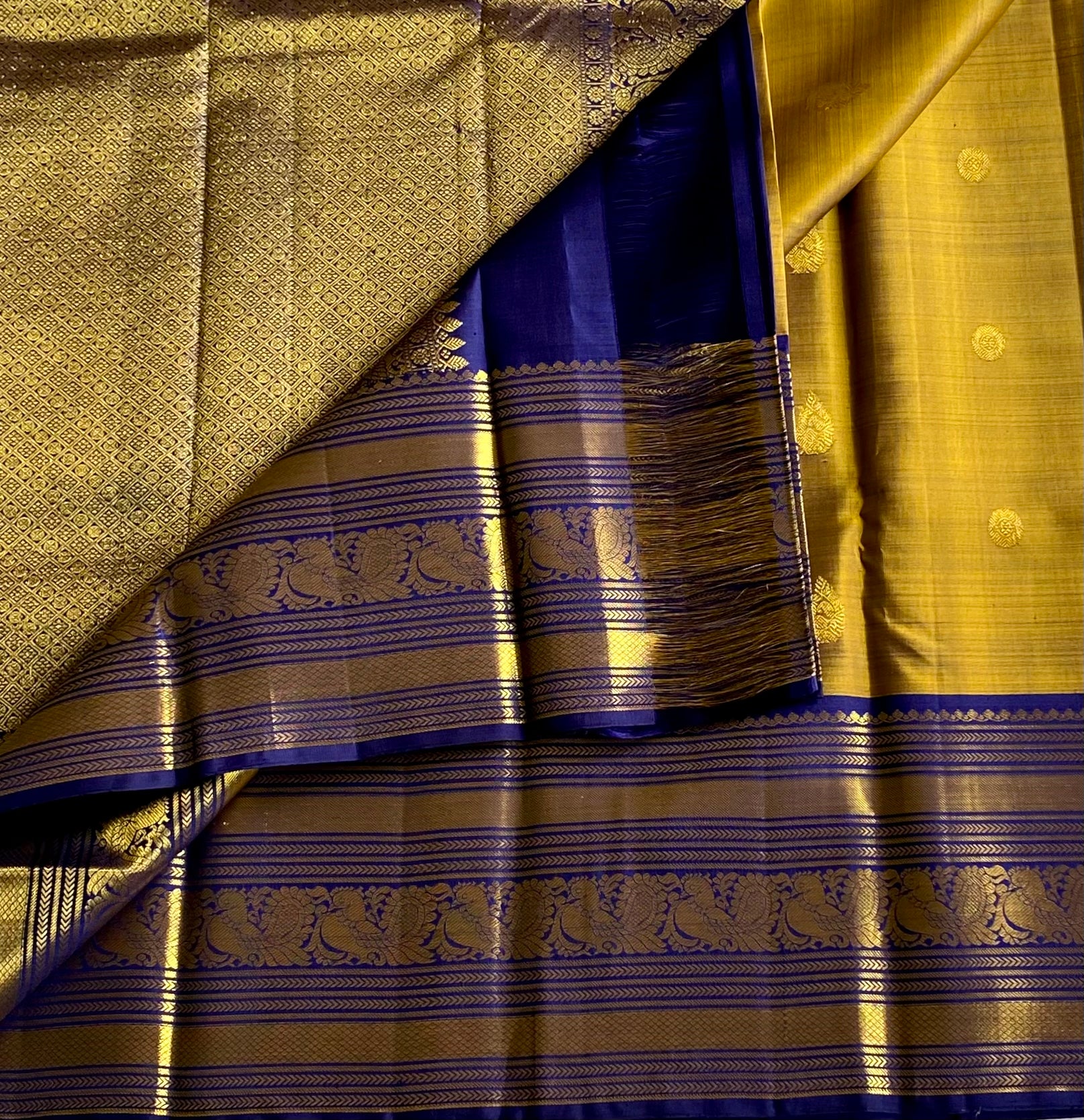 Mustard Yellow Royal Blue Silk Saree with Gold Zari Border