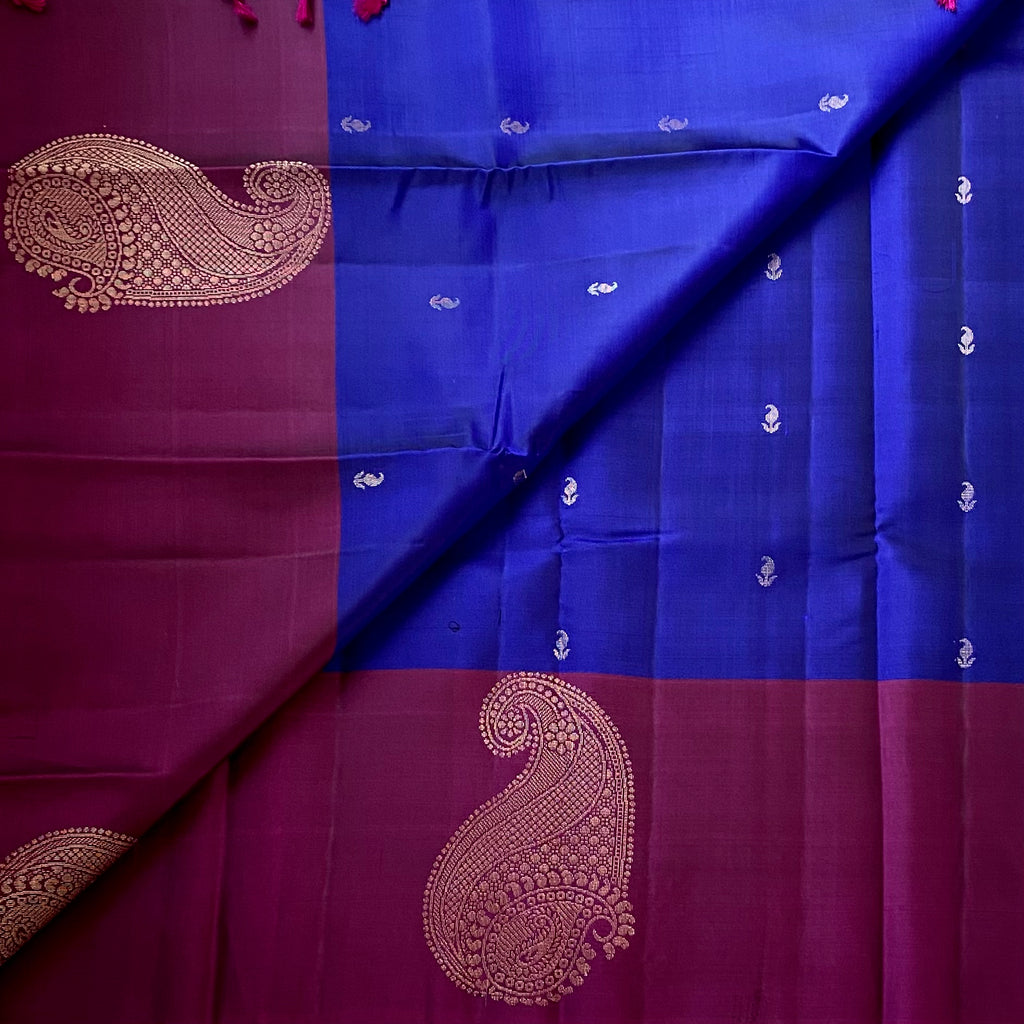 Deep Blue Magenta Silk Saree Gold Brocade Paisley Pallu Wedding