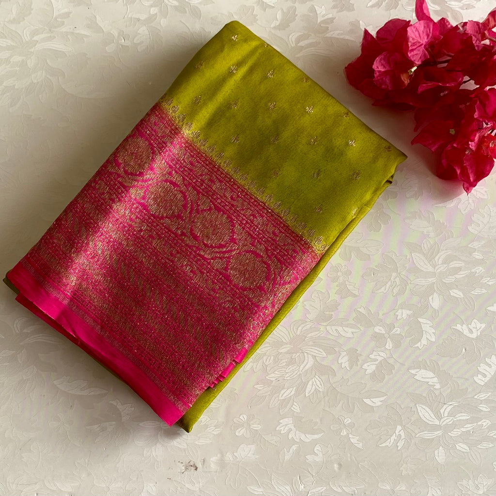 Chartreuse Green Banarasi Crepe Silk Saree With Contrast Rani Pink And Gold Zari