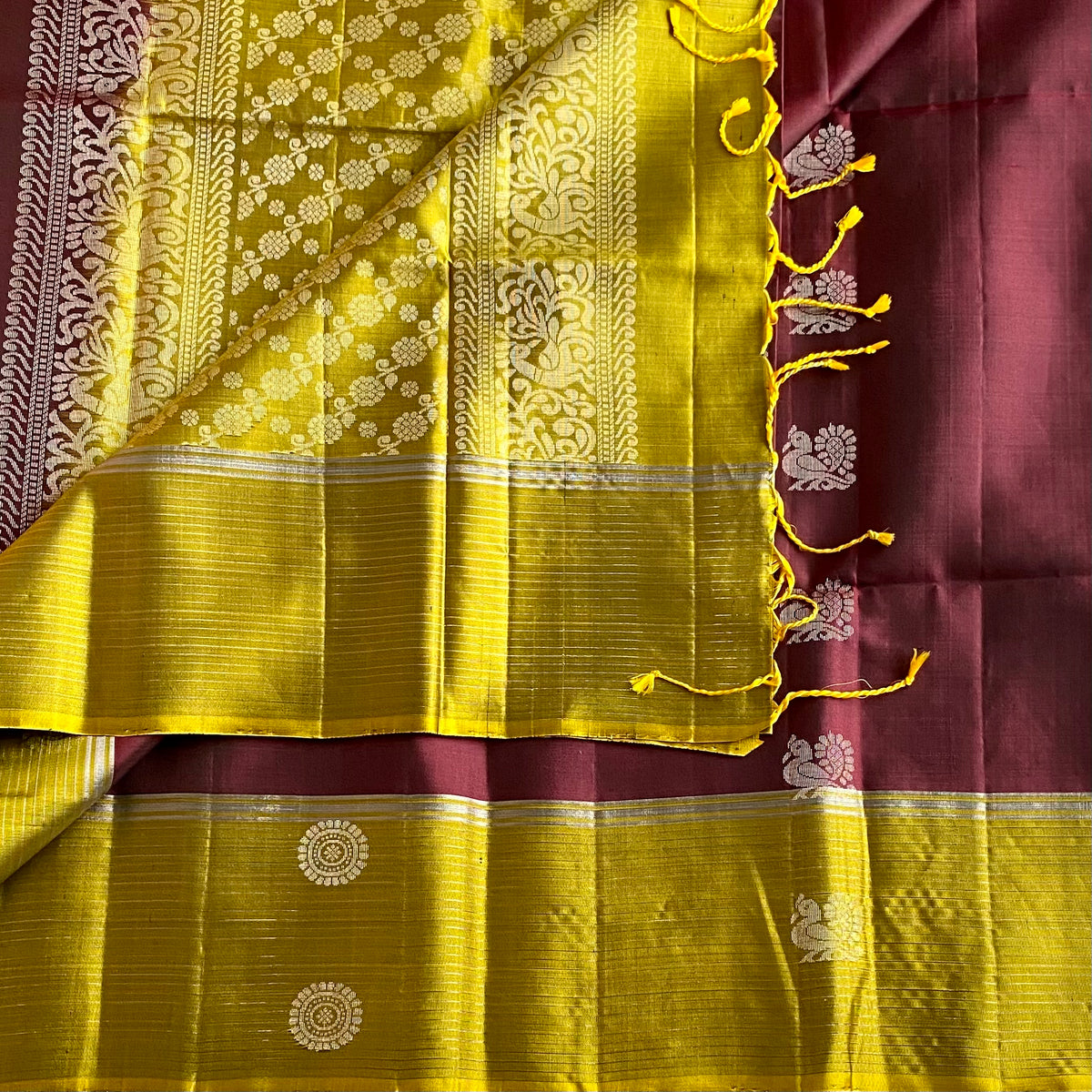 Deep Wine Maroon Designer Pure Silk Saree With Mustard Yellow Pallu