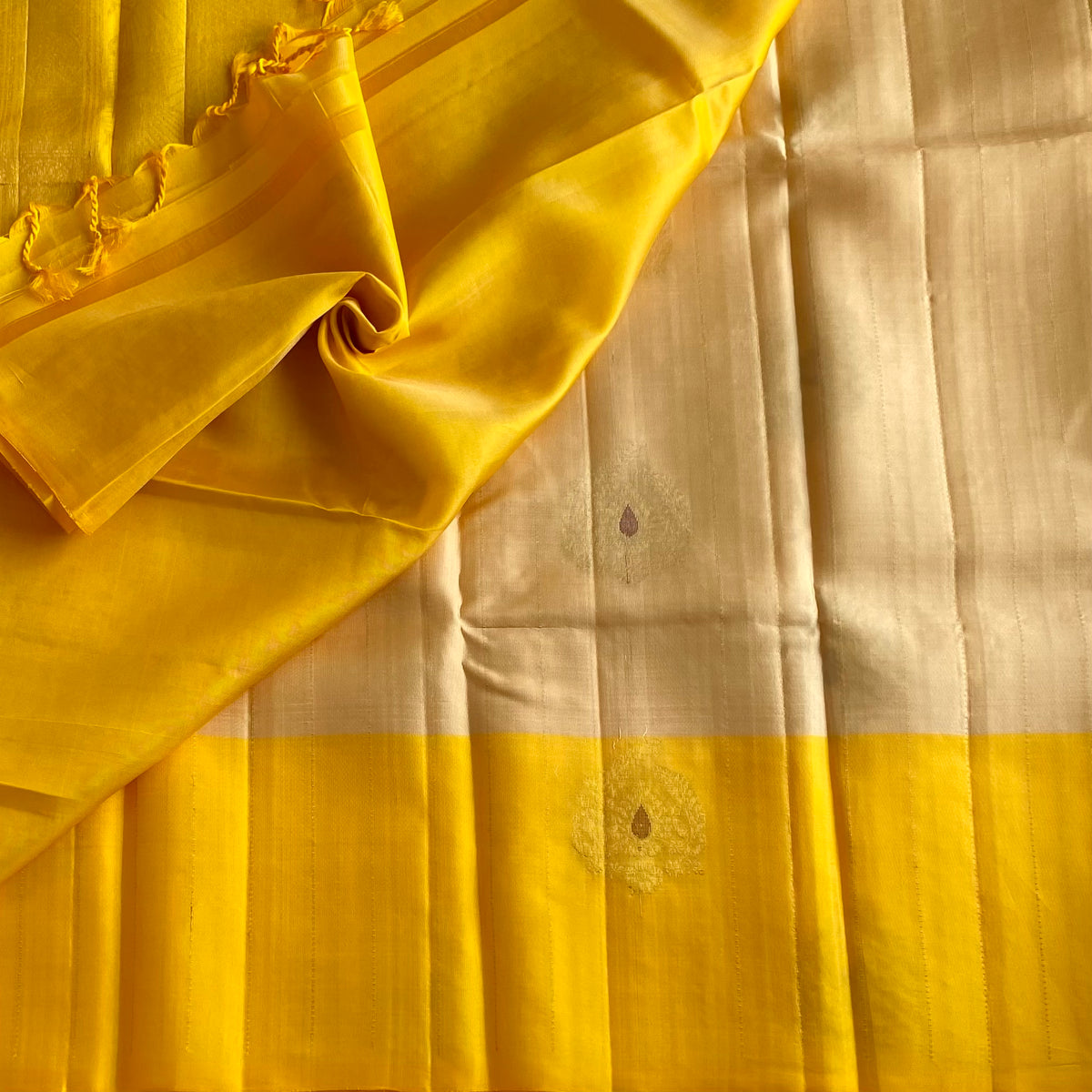 Champagne Beige Designer Pure Silk With Golden Yellow Contrast