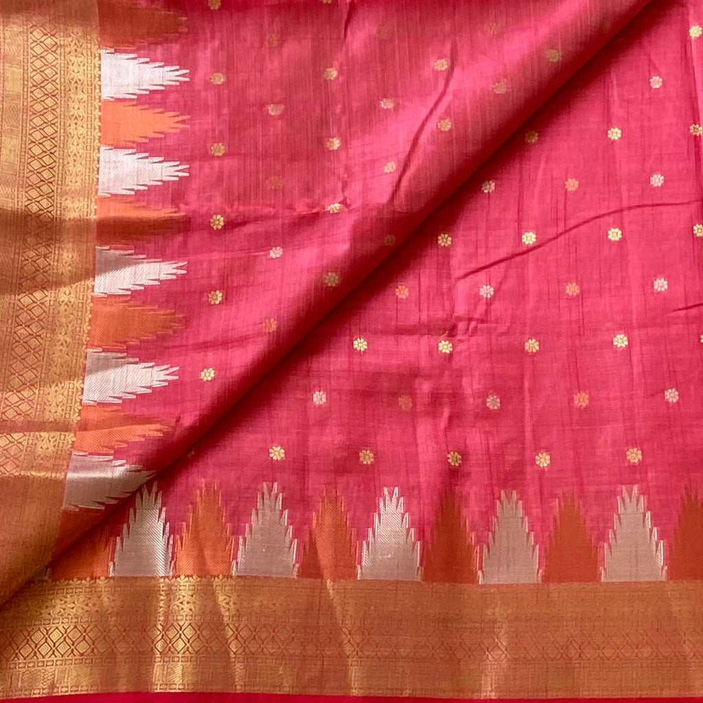 Kanakambari pinkish coral Gold soft tussar silk with temple borders
