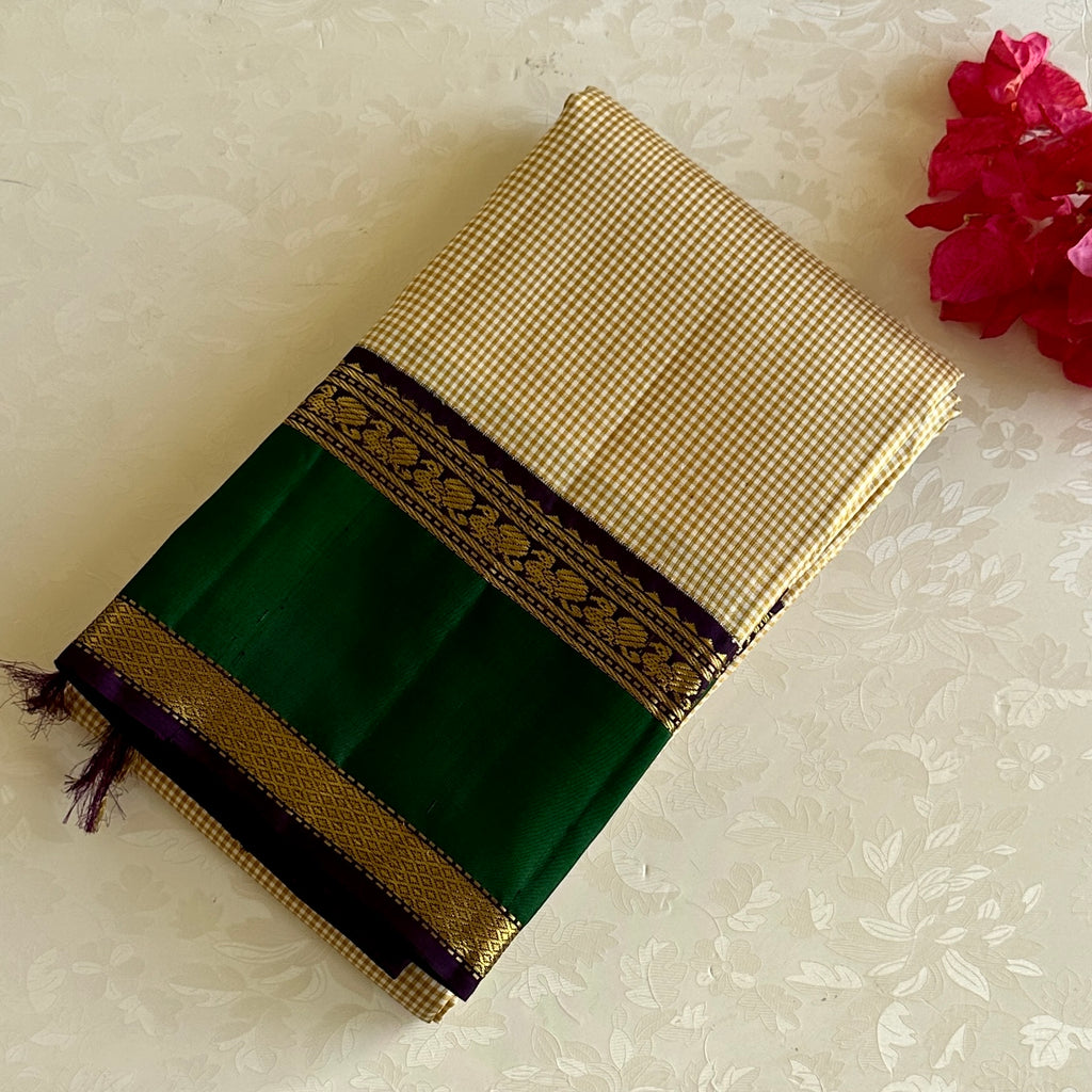 Beige Micro Checkered Kanjeevaram Pure Zari Silk Brinjal Purple With Emerald Borders