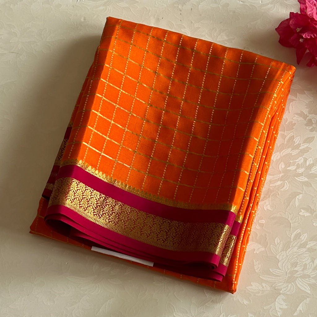 Tangerine Silk Checked Saree With Gold Brocade Magenta Border Traditional